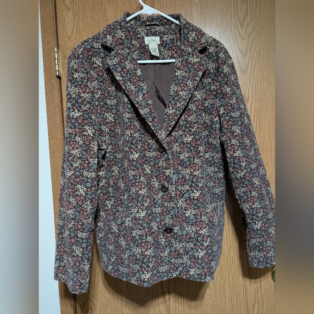 LL Bean Womens Brown Floral Corduroy Jacket Blazer 16 PET Granny Cottagecore